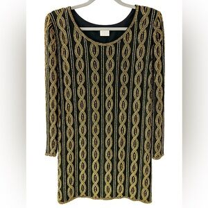 Vintage Stenay Black Gold Beaded Silk Tunic Top Sequin Evening Small